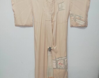 Vintage Japanese Kimono Houmongi Floral/ Satin Fabric/ Long Kimono