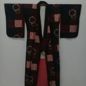 Vintage Japanese Kimono Abstract Circle Art Design / Silk Fabric/ Long Kimono/ Fits M