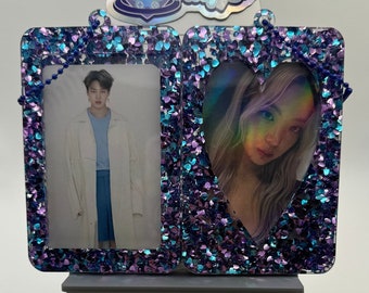 Handmade Acrylic Photocard Keychain PC Frame Holder Purple Blue Glitter Hearts Sparkle K-Pop Photocards Instax Polaroids ID Case