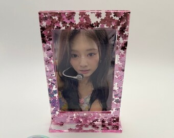 Handmade Acrylic Photocard Standee PC Frame Holder Pink Sakura Glitter Clear K-Pop Photocards Instax Polaroids ID Holder Stand