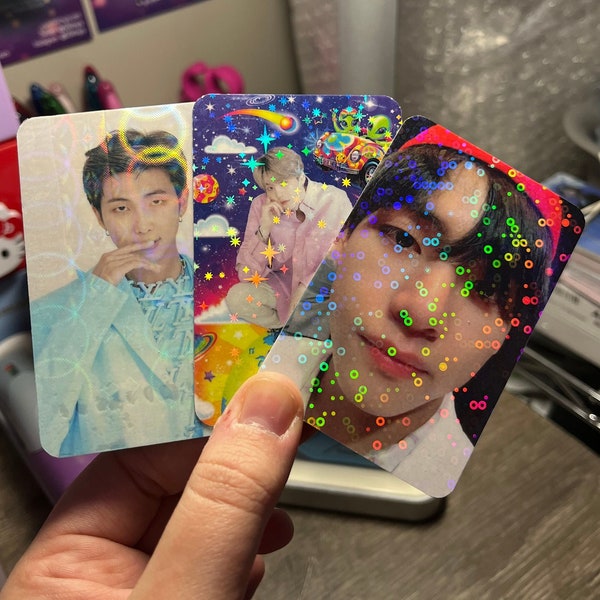 Custom Bangtan Holographic Photocards KPop RM Jin Suga J-Hope Jimin V Jungkook I Purple You ARMY Selfie 90s Designer Peace Sign