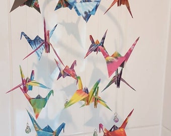 Bright and colourful origami crane mobile