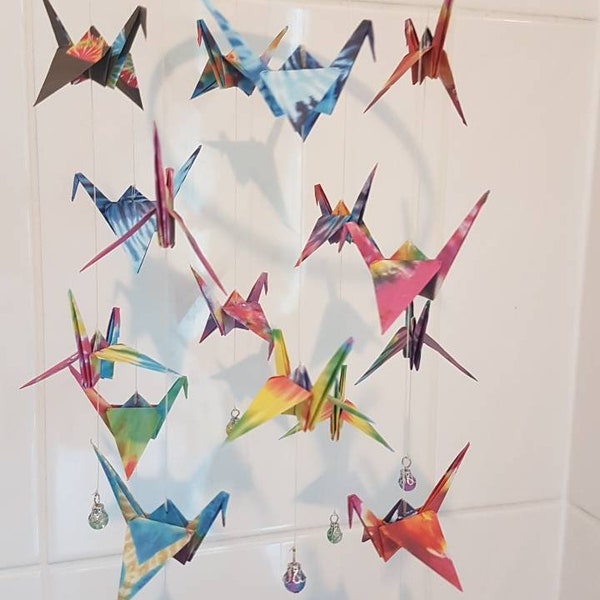 Bright and colourful origami crane mobile