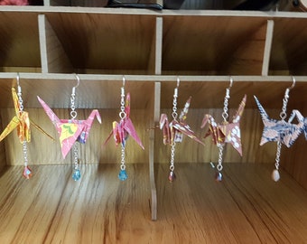 Origami Kranich und Kristall Tropfen Ohrringe