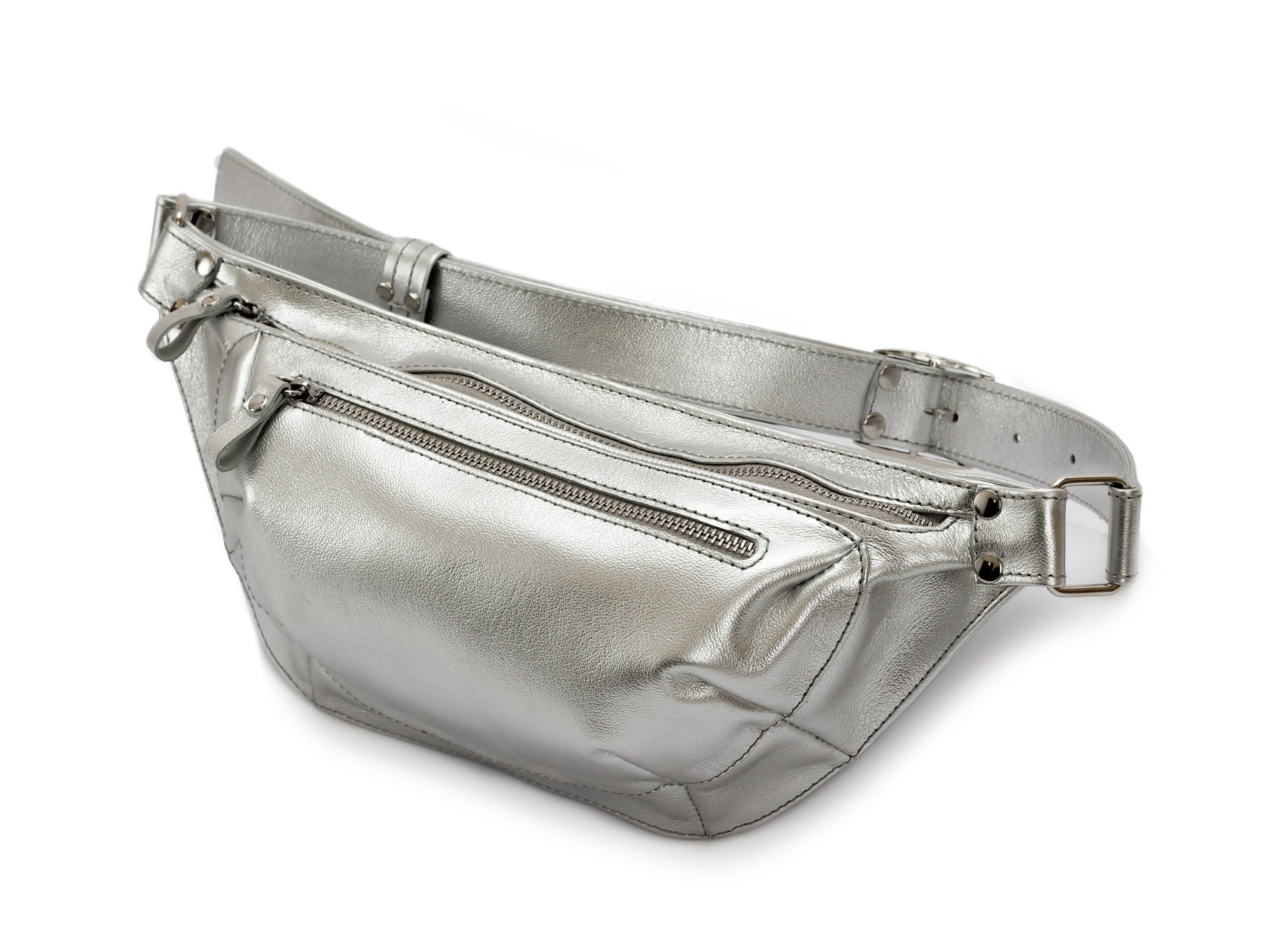silver leather fanny pack