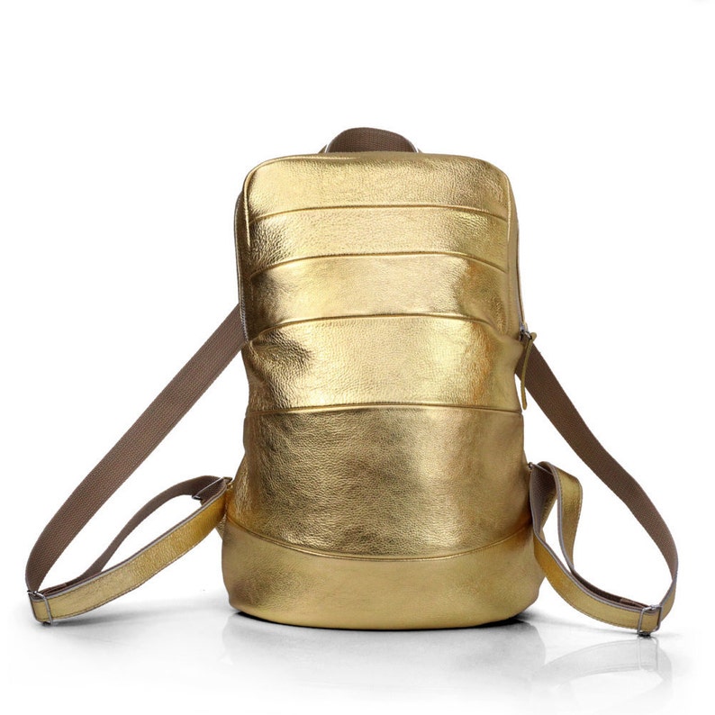 Golden Leather Backpack for Women Unisex Rucksack Gold Etsy