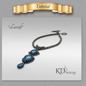May include: A beaded necklace with a pendant featuring three large blue gemstones. The necklace is called "Lavish" and is by KD Designs.