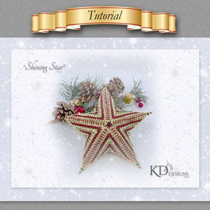 May include: A red, green, and gold beaded star ornament with the text "Shining Star" on a white background with a glittery effect.