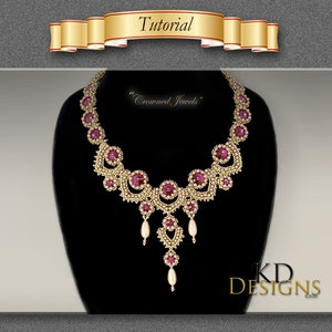 May include: A gold and burgundy beaded necklace with a pendant featuring a teardrop design. The necklace is labelled "Crowned Jewels".