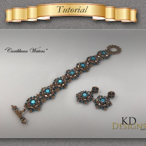 May include: A beaded bracelet and earrings set with a turquoise and bronze color scheme. The bracelet is labeled "Caribbean Waters". The set is designed by KD Designs.