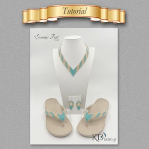 May include: A tutorial image featuring a beaded necklace, earrings, and flip-flops. The jewelry and flip-flops have a turquoise and tan color scheme. The text "Summer Fun" and "Tutorial" are also visible.