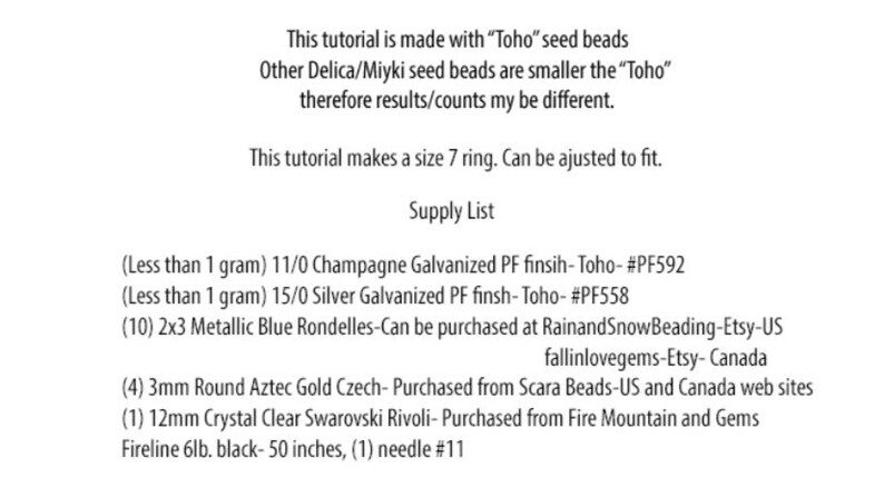 May include: A list of supplies needed to make a size 7 ring using "Toho" seed beads. The list includes beads, findings, and tools such as Fireline thread and a needle.  The text mentions that other seed beads may result in different counts.