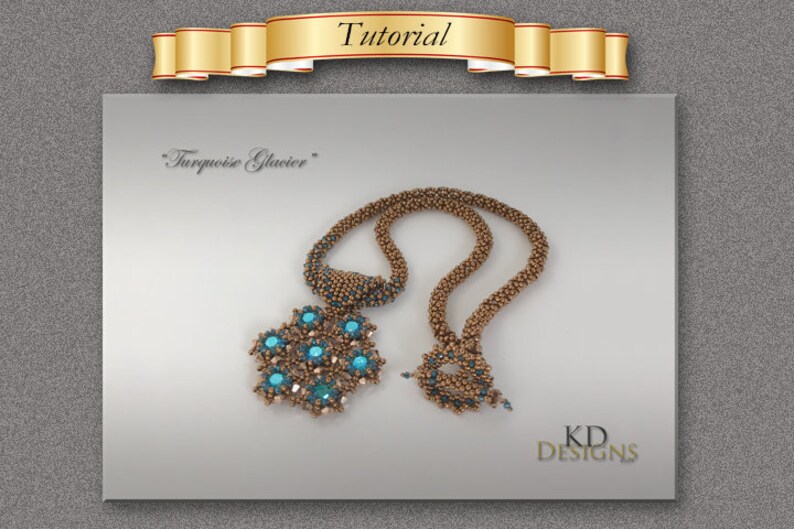 May include: A tutorial for a beaded necklace with a turquoise and gold pendant. The pendant is shaped like a flower with a turquoise center and gold petals. The necklace is made of small gold beads.