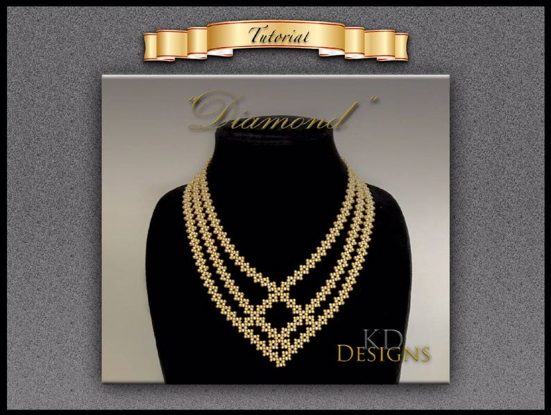 May include: A gold beaded necklace with a diamond-shaped design. The necklace is on a black mannequin bust. The text "KD DESIGNS" is in the bottom right corner of the image.
