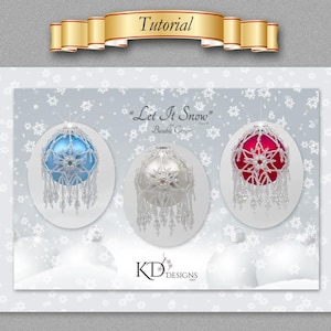 May include: Three beaded Christmas ornaments in blue, white, and red with snowflake designs. The ornaments are labeled "Let It Snow" and "Beaded Cover".