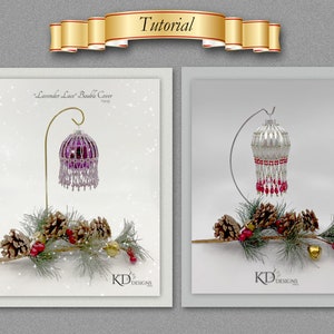 May include: Two beaded Christmas ornament covers, one purple and one white, with red accents, displayed on a metal stand. The ornaments are surrounded by pine branches and pine cones.