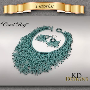May include: A turquoise and black beaded necklace and matching earrings with a "Coral Reef" design. The necklace is a large, statement piece with a fringe design. The earrings are small and delicate.