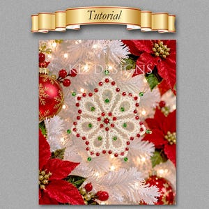 May include: A six-pointed star-shaped ornament crafted from white thread, featuring intricate lace-like patterns. The ornament is embellished with small red and green beads throughout its structure and hangs from a thin gold-colored cord.