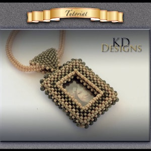 May include: A beaded necklace with a square frame pendant featuring a small photo inside. The frame is made of brown and green beads. The necklace is made of brown beads.