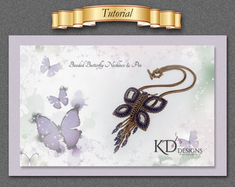 May include: Beaded butterfly necklace and pin tutorial featuring a gold and purple butterfly pendant with a beaded chain. The image has a watercolor background with butterflies.