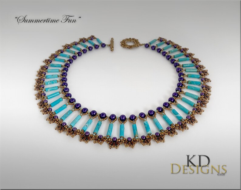 May include: A turquoise and purple beaded necklace with a gold-tone clasp. The necklace is made with small, round beads and long, rectangular beads. The necklace is called "Summertime Fun".