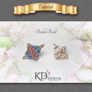 May include: Two beaded jewelry pieces, one with pink, purple, and blue beads, and the other with white and gold beads. Both pieces are square-shaped and have a gold wire base. The image is set against a background of white flowers and green eggs.