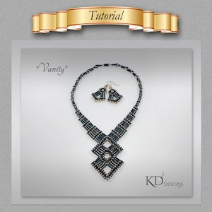 May include: A black and silver beaded necklace and earrings set with a geometric design. The necklace is called "Vanity".