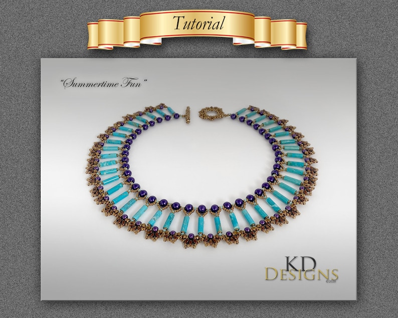 May include: A turquoise and purple beaded necklace with gold accents. The necklace is called "Summertime Fun" and is designed by KD Designs.