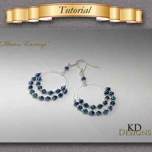 May include: A pair of silver hoop earrings with two rows of dark blue crystal beads. The earrings are labeled "Illusion Earrings".