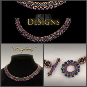 May include: A purple and gold beaded necklace with a clasp. The necklace is made with small beads and has a simple design. The necklace is labeled "Simplicity".