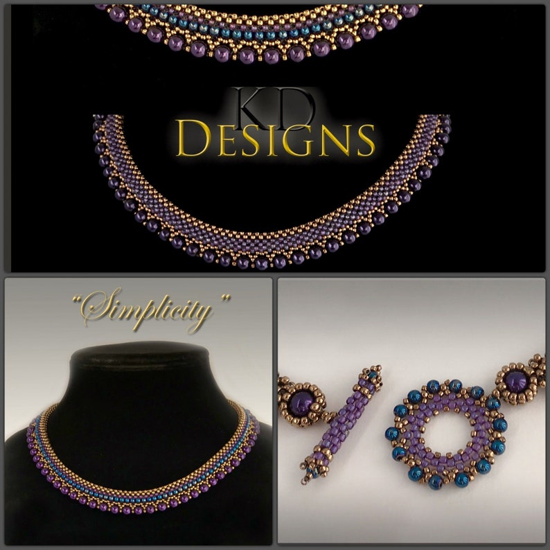 May include: A purple and gold beaded necklace with a clasp. The necklace is made with small beads and has a simple design. The necklace is labeled "Simplicity".