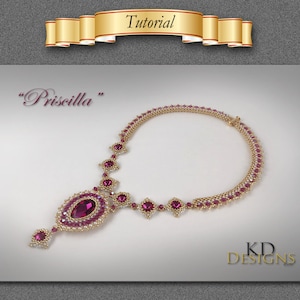 Peut inclure: Un collier de perles avec un pendentif en pierre précieuse rose. Le collier est fait de perles dorées et présente une palette de couleurs rose et blanche. Le collier est étiqueté "Priseilla" et "KD Designs".