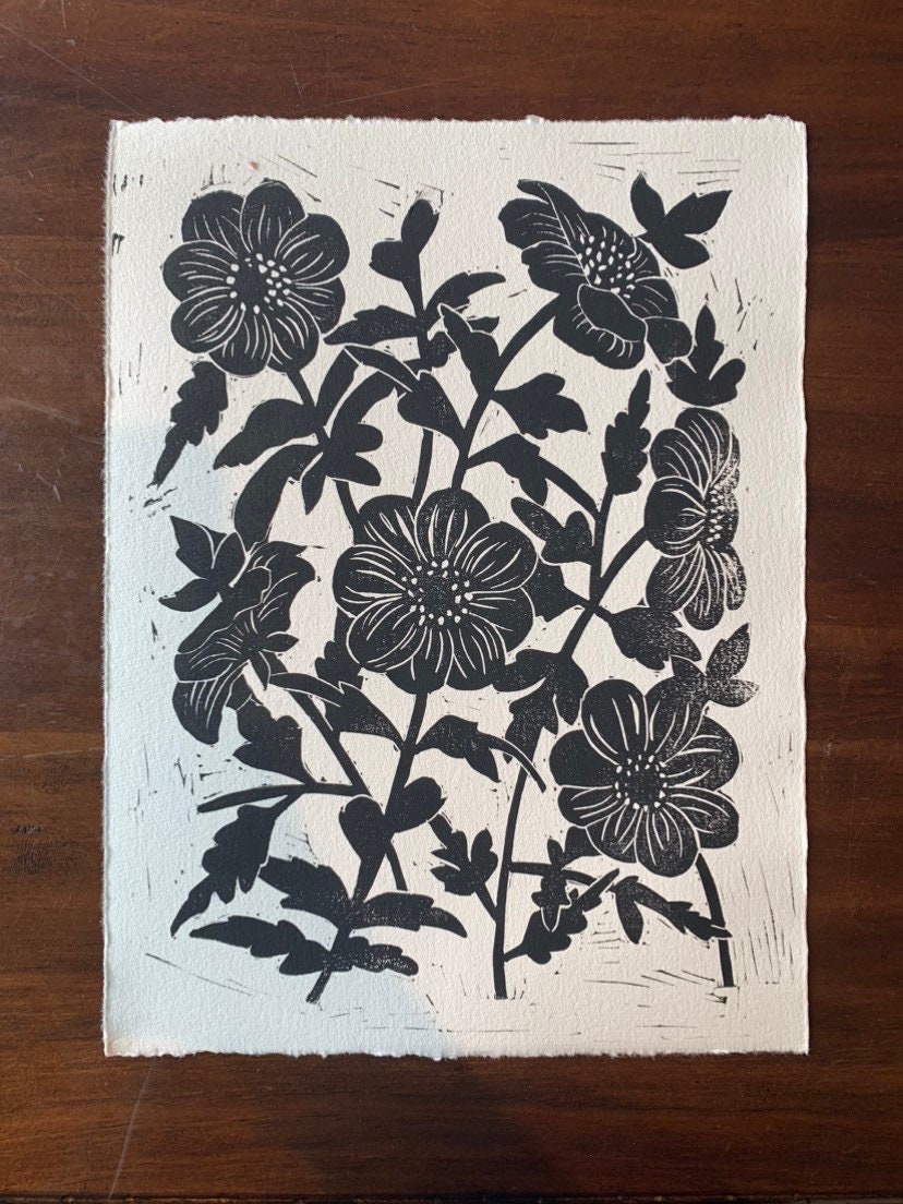 Dahlias, Linocut Print Wall Art, 9x12 - Etsy