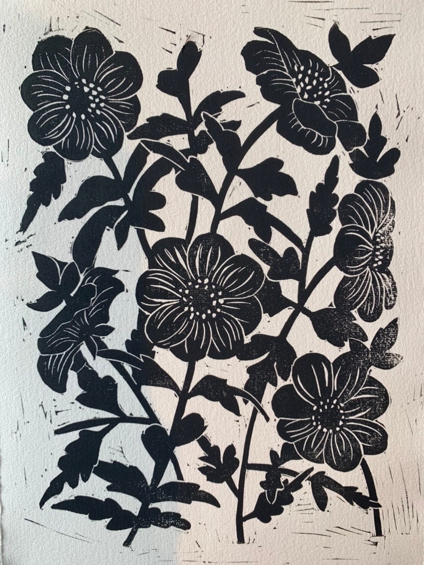 Dahlias, Linocut Print Wall Art, 9x12 - Etsy