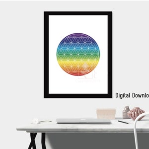 May include: A framed print with a vibrant geometric design. The artwork displays a rainbow-coloured sphere with a flower of life pattern. The print is set against a white background and framed in black. The words "Digital Download" are visible.
