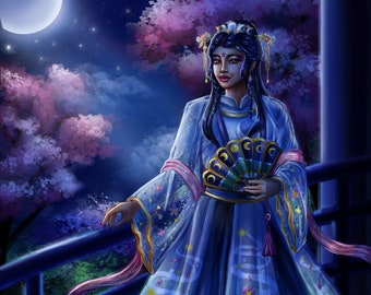 Impresión artística de la diosa lunar asiática / Impresión artística de anime / Ilustración de arte mural asiático chino, coreano, japonés y vietnamita / Decoración artística asiática