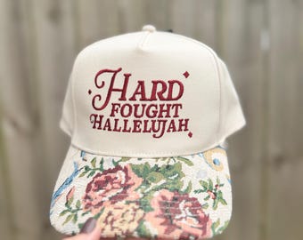 Hard Fought Hallelujah Hat | Christian Floral Trucker Hat | Faith Statement Cap | Vintage Floral Brim | For Women