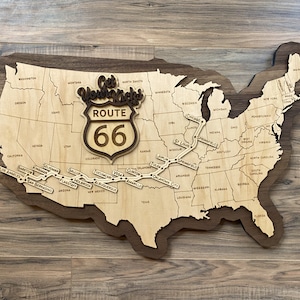 Route 66-bord - houten kaart van Route 66 - Route 66-cadeau "The Mother Road"