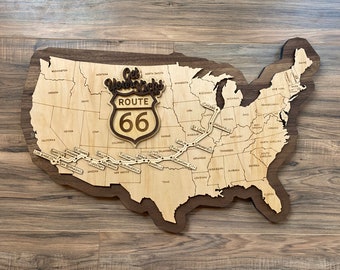 Letrero de la Ruta 66 - Mapa de EE. UU. en madera - Regalo de la Ruta 66 "La Carretera Madre"