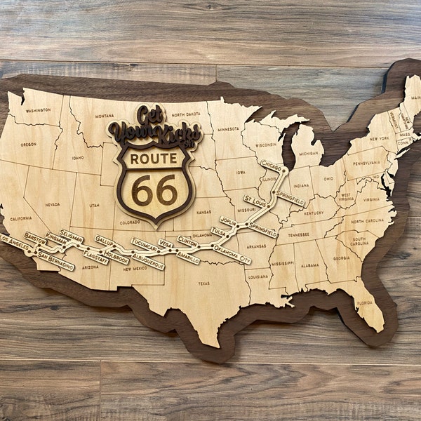 Route 66 Sign - Wooden Road Map of Route 66 - Get Your Kicks on Route 66 "The Mother Road"