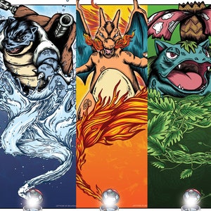 May include: A digital illustration of three Pokemon characters, Blastoise, Charizard, and Venusaur, each with their signature element: water, fire, and grass. The characters are depicted in a dynamic pose, with water, fire, and vines swirling around them. Each character is surrounded by a Pokeball.