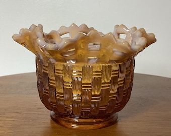 Fenton Amber Basket weave Ruffle Top Candy Dish Bowl