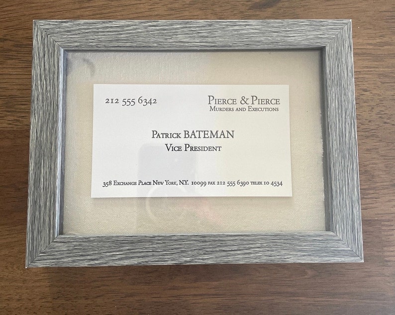 Patrick Bateman American Psycho Grey Shadow Box with Oversized Letterpress Business Card Print w/ Bone Toned Linen Background image 1