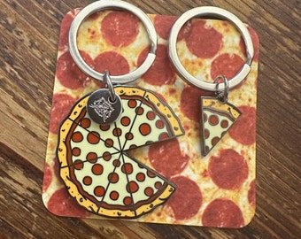 BFF Best Friends Pizza Pie Dog/Cat Pet Tag and Slice Keychain w/ Complimentary Laser Engraving