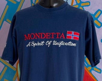 90s Mondetta A Spirit Of Unification Norway Embroidered T-Shirt. Made in Canada - Size XL 23.25" x 29.25"