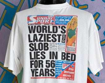 90s Tabloid Newspaper Headlines Graphic T-Shirt. Made in UK - Size XL 23.25” x 27.75”