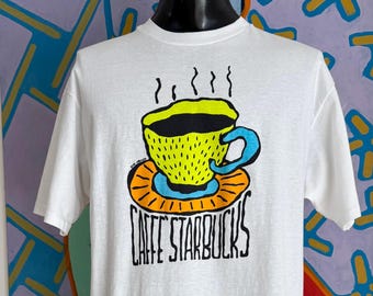 1991 Cafe Starbucks Bumbershoot Festival T-Shirt. Single Stitch. Made in USA - Size L/XL Long 22.5" x 32.5"