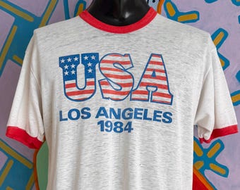 Paper Thin USA Los Angeles 1984 Ringer T-Shirt. Single Stitch - Size Large 22" x 26"