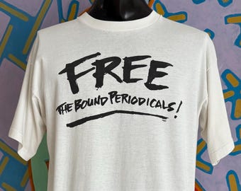 90s "Free The Bound Periodicals" Library Joke T-Shirt. Single Stitch - Size XL 23.25" x 28.75"