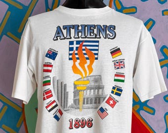 1996 Athens Greece 1896 100 Years Later... Olympic Torch T-Shirt. Single Stitch. Made in USA - Size Large 22" x 28"